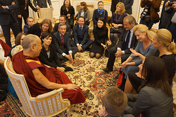 His Holiness the Dalai Lama speaking to Polish parliamentarians in Warsaw, Poland on October 24, 2013. Photo/Jeremy Russell/OHHDL