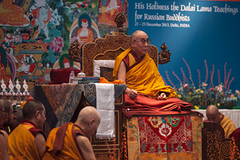 His Holiness the Dalai Lama speaking during the first day of his three day teaching at the request of a group from Russia in New Delhi, India on December 21, 2013. Photo/Kate Surzhok