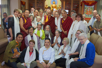 His Holiness the Dalai Lama with a group of students from Namgyal Insitute of Buddhist Studies during their meeting in New Delhi, India on November 29, 2013. Photo/Jeremy Russell/OHHDL