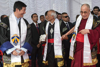 His Holiness the Dalai Lama and the elected head of the Central Tibetan Administration Sikyong Dr Lobsang Sangay enjoy a moment of laughter as they prepare for Martin Luther Christian University's Convocation ceremony in Shillong, Meghalaya, India on February 3, 2014. Photo/Tenzin Choejor/OHHDL 