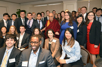 His Holiness the Dalai Lama with students and potential future leaders after their meeting at the American Enterprise Institute in Washington DC on February 19, 2014. Photo/Patrick G. Ryan