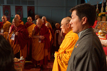 His Holiness the Dalai Lama and Sikyong Dr Lobsang Sangay during the playing of the Tibetan and American national anthems during the Tibetan New Year's Celebrations held at Augsburg College in Minneapolis, Minnesota on March 2, 2014. Photo/Jeremy Russell/OHHDL