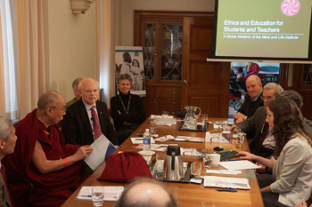 His Holiness the Dalai Lama and members of the Mind & Life Institute Board discussing ‘Ethics, Education and Human Development’ in Rochester, Minnesota on March 3, 2014. Photo/Jeremy Russell/OHHDL