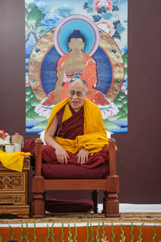 His Holiness the Dalai Lama enjoying a moment of laughter during his teaching in New Delhi, India on March 21, 2014. Photo/Tenzin Choejor/OHHDL 