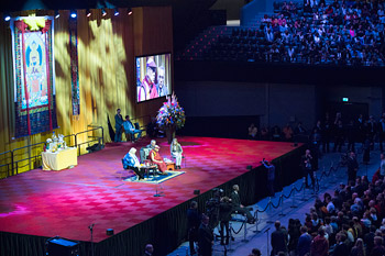 A view of the stage at the Ahoy Stadium during His Holiness the Dalai Lama's talk  in Rotterdam, Holland on May 11,2014. Photo/Jurjen Donkers