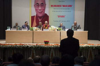 His Holiness the Dalai Lama answering questions from the audience during his talk at Dr. Ram Manohar Lohia Hospital in New Delhi, India on January 20, 2015. Photo/Tenzin Choejor/OHHDL
