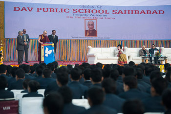 His Holiness the Dalai Lama speaking at DAV School in Sahibabad, UP, India on January 27,2015. Photo/Tenzin Choejor/OHHDL