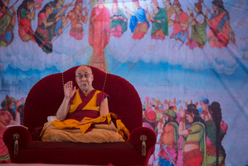 His Holiness the Dalai Lama speaking during his teaching at the YBS grounds in Sankisa, UP, India on January 31, 2015. Photo/Tenzin Choejor/OHHDL