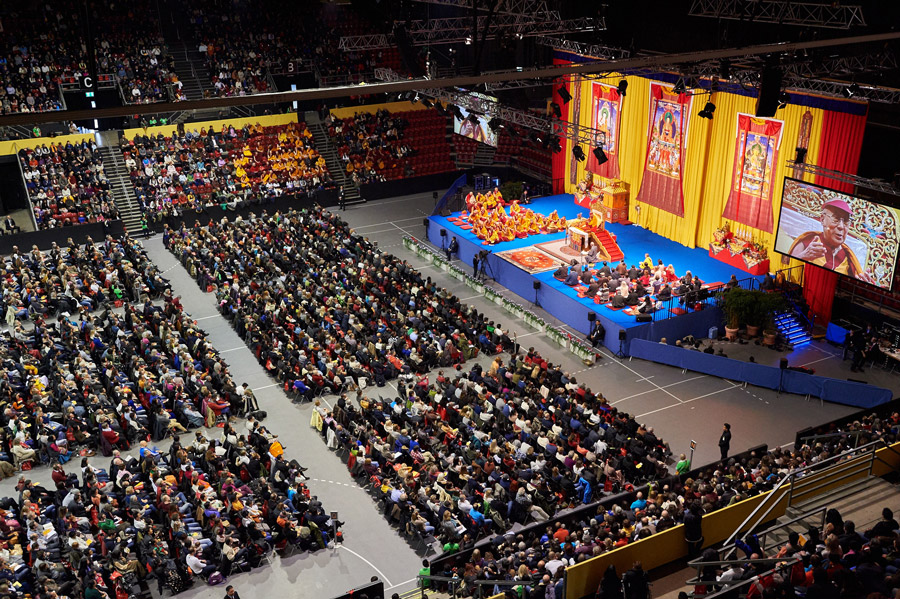 View of the stage at St. Jakobshalle during His Holiness the Dalai Lama's teaching in Basel, Switzerland on February 7, 2015. Photo/Olivier Adam 