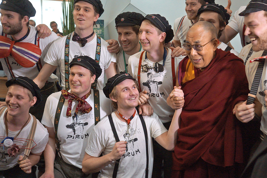 His Holiness the Dalai Lama with members of a student singing group that performed on his arrival at the Clarion Conference Centre to attend the the International Student Festival in Trondheim (ISFiT) at the Congress Center in Trondheim, Norway on February 9, 2015. Photo/Jeremy Russell/OHHDL