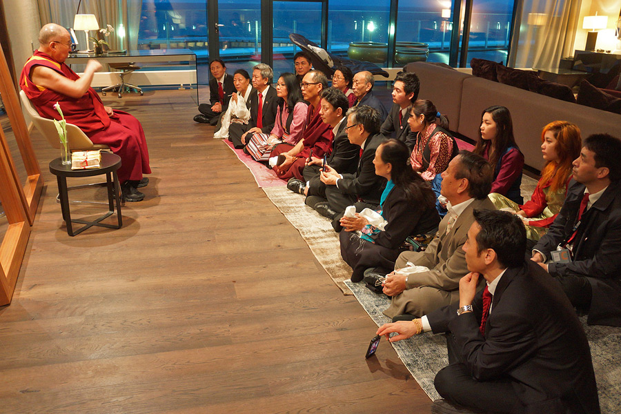 His Holiness the Dalai Lama meeting with members of the Tibetan community before departing for Copenhagen on the morning of his final day in Trondheim, Norway on February 10, 2015. Photo/Jeremy Russell/OHHDL