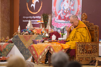 His Holiness the Dalai Lama conducting preparatory rituals before conferring the White Manjushri permission in New Delhi, India on March 22, 2015. Photo/Tenzin Choejor/OHHDL