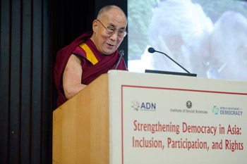 His Holiness the Dalai Lama delivering the inaugural address at the conference on "Strengthening Democracy in Asia" at the India International Centre in New Delhi, India on March 23, 2015. Photo/Tenzin Choejor/OHHDL