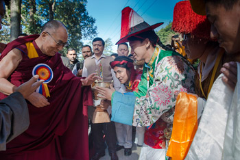 His Holiness the Dalai Lama is offered a traditional welcome on his arrival at TIPA to attend the opening day of the 20th Shotön Festival in Dharamsala, HP, India on March 27, 2015. Photo/Tenzin Choejor/OHHDL