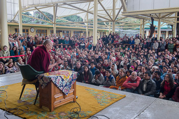 A view of many of the over 1100 foreigners from 56 countries listening to His Holiness the Dalai Lama speaking at the Main Tibetan Temple in Dharamsala, HP, India on March 30, 2015. Photo/Tenzin Choejor/OHHDL