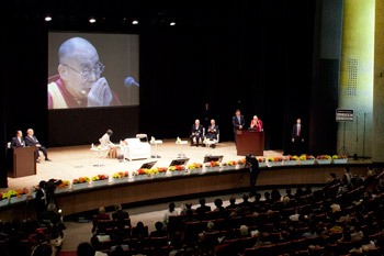His Holiness the Dalai Lama speaking at the Global Environmental Forum for the Next Generation at Yomiuri Hall in Tokyo, Japan on April 6, 2015. Photo/Tenzin Jigmey