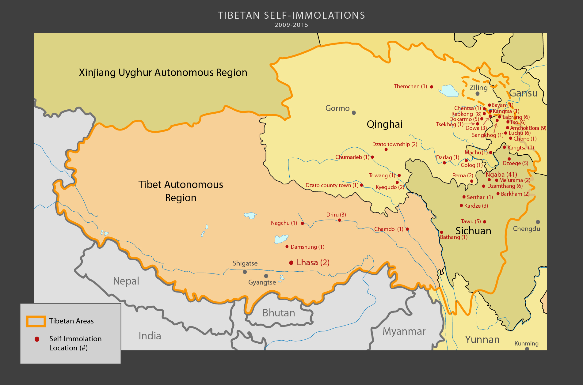Tibetan self-immolations from 2009-2015