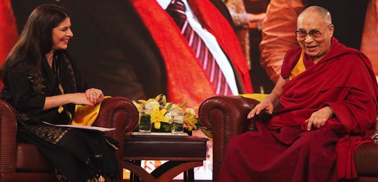 His Holiness the Dalai Lama with NDTV’s Sonia Singh for a special session of NDTV Dialogues, 7 April 2016.