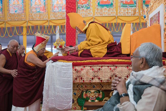 Sakya Trizin Rinpoche presenting offerings to His Holiness the Dalai Lama during the Long Life Offering Ceremony for His Holiness the Dalai Lama at the Kalachakra teaching ground in Bodhgaya, Bihar, India on January 14, 2017. Photo/Tenzin Choejor/OHHDL